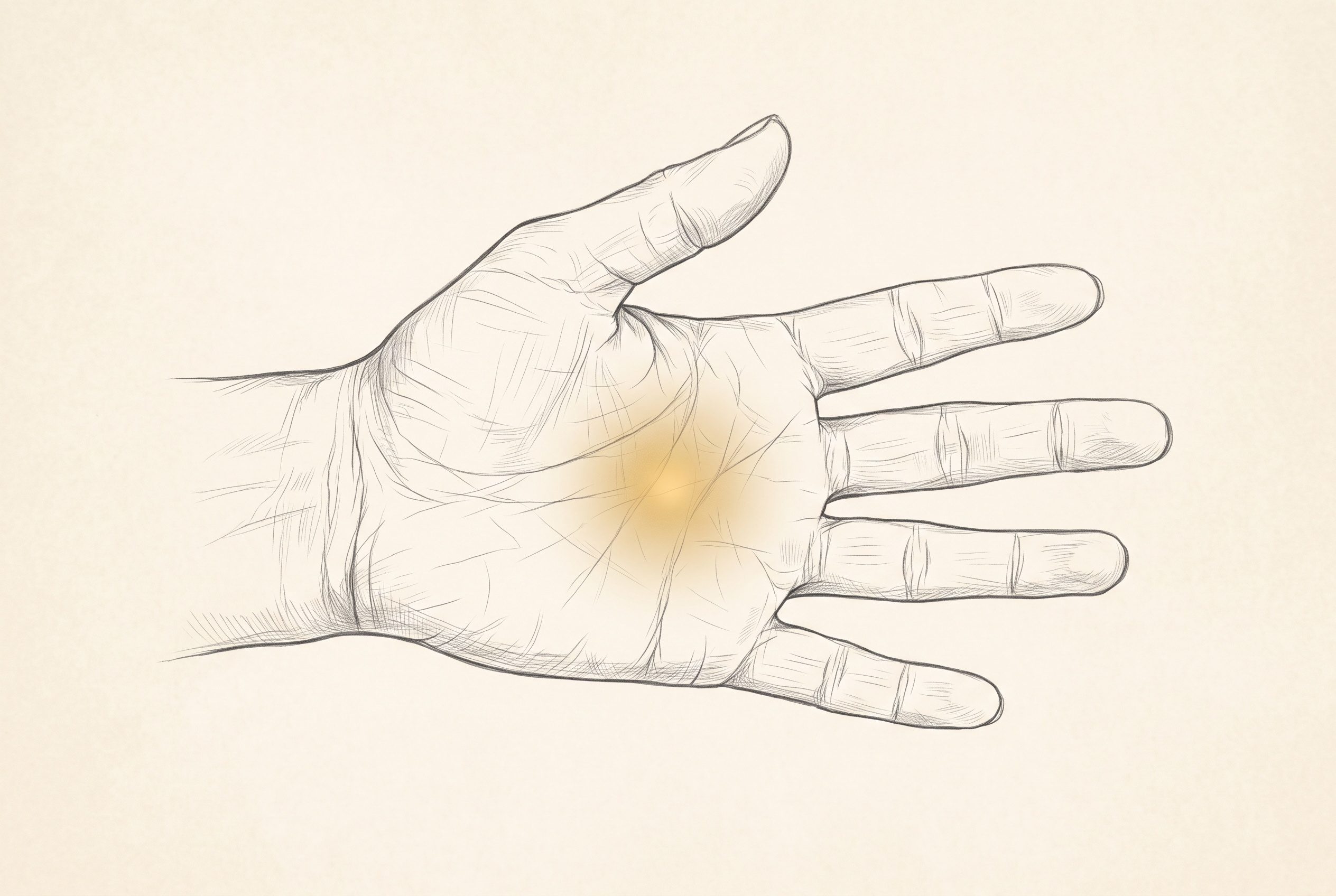 Illustration of an open palm with a glowing marma point at its center