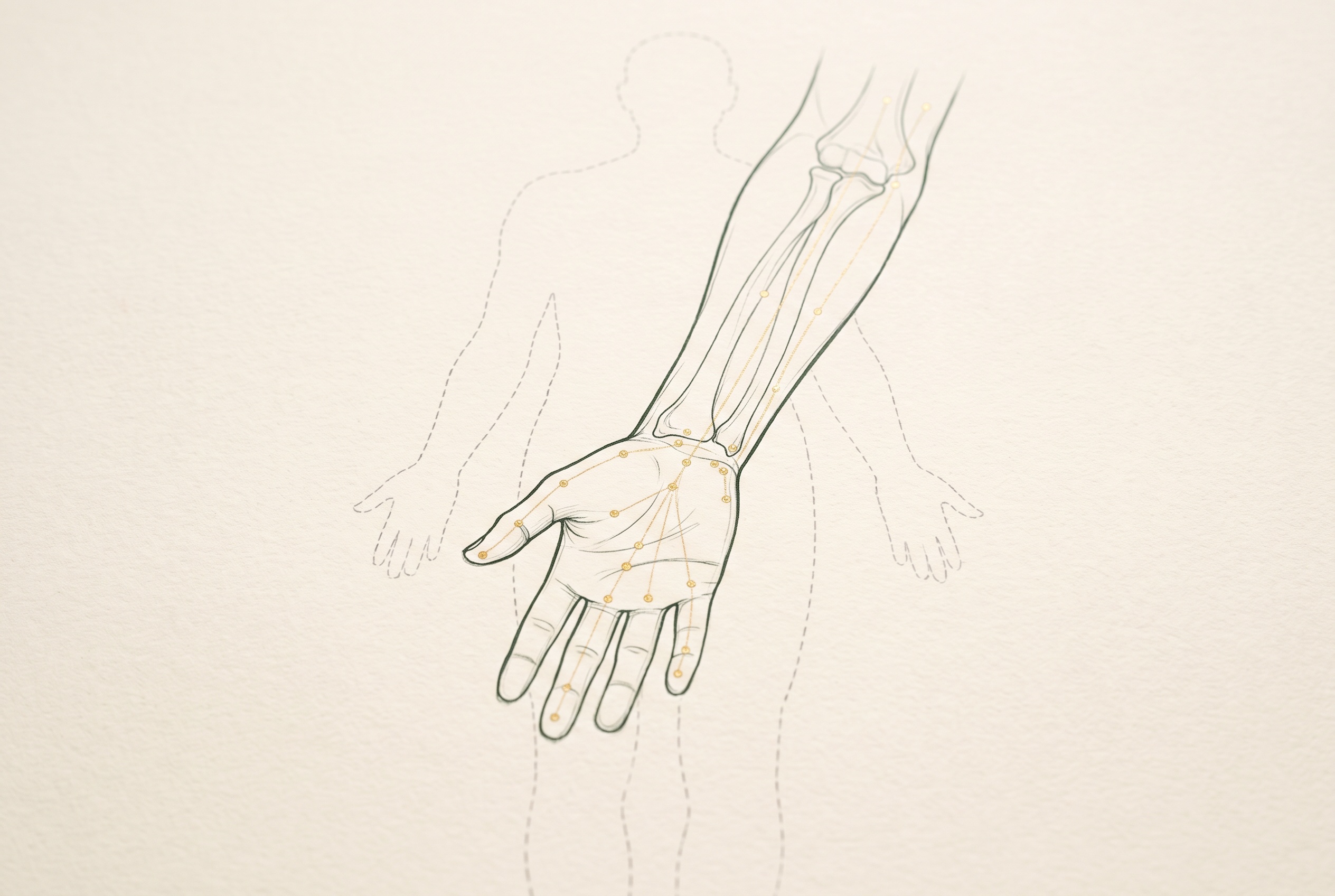 Illustration of a hand and forearm highlighted against a faint full-body silhouette