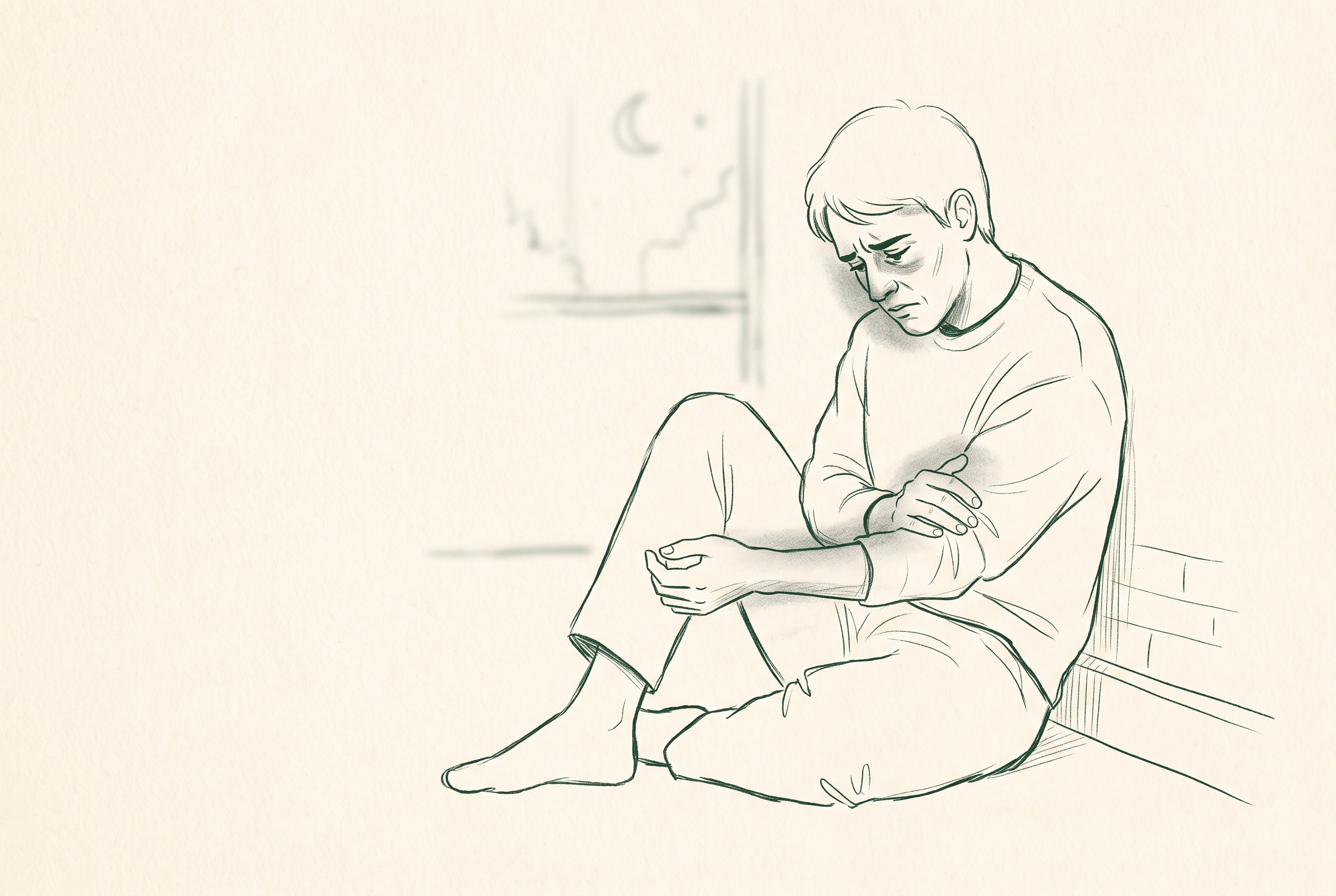Illustration of a person alone at night, holding their arm in pain